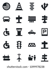 Set of vector isolated black icon - airport tower vector, plane radar, taxi, bus, parking, passport control, signpost, alarm car, border cone, disabled, route, traffic light, truck trailer