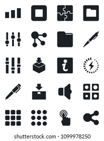Set of vector isolated black icon - package vector, sorting, settings, touch screen, stop button, menu, folder, charge, application, pen, sound, information, social media