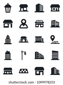 Set of vector isolated black icon - taxi vector, shop, office building, garden light, navigation, store, city house, cafe, storefront