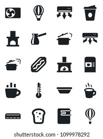 Set of vector isolated black icon - coffee machine vector, fireplace, air conditioner, bread, hot dog, bowl, steaming pan, turkish, water heater, thermometer, balloon