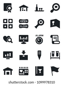 Set of vector isolated black icon - statistic monitor vector, contract, plant label, blood test vial, heart diagnostic, medical calendar, warehouse, package, search cargo, application, sertificate