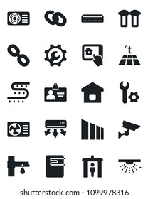 Set of vector isolated black icon - security gate vector, identity card, drip irrigation, sorting, chain, root setup, air conditioner, smart home, water heater, control app, filter, warm floor
