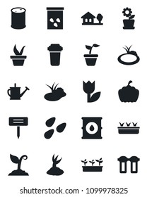 Set of vector isolated black icon - seedling vector, watering can, sproute, plant label, pumpkin, seeds, pond, tulip, oil barrel, house with tree, flower in pot, water filter
