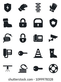 Set of vector isolated black icon - border cone vector, glove, boot, hose, traffic light, protect, lock, key, intercome, home, surveillance, sprinkler, crisis management