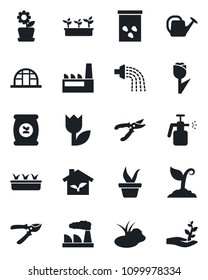 Set of vector isolated black icon - factory vector, seedling, watering can, sproute, pruner, greenhouse, seeds, pond, garden sprayer, fertilizer, tulip, flower in pot, eco house, palm