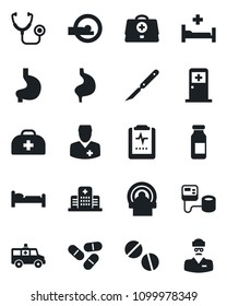 Set of vector isolated black icon - bed vector, medical room, doctor case, stethoscope, blood pressure, pills, ampoule, scalpel, tomography, ambulance car, hospital, stomach, pulse clipboard