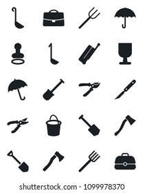 Set of vector isolated black icon - suitcase vector, umbrella, stamp, job, shovel, farm fork, bucket, pruner, axe, scalpel, fragile, case, ladle