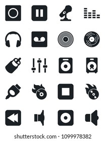 Set of vector isolated black icon - vinyl vector, flame disk, microphone, speaker, equalizer, headphones, pause button, stop, rewind, rec, rca, hdmi, tuning, record, sound