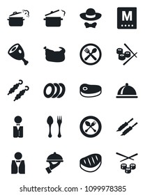 Set of vector isolated black icon - spoon and fork vector, waiter, dish, cafe, menu, plates, dress code, chicken, steak, kebab, ham, steaming pan, sushi