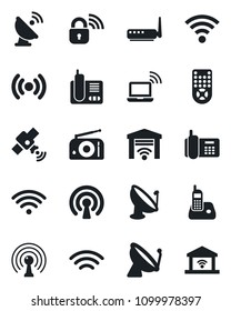 Set of vector isolated black icon - satellite antenna vector, wireless notebook, office phone, radio, remote control, lock, router, garage gate