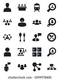 Set of vector isolated black icon - spoon and fork vector, train, checkroom, speaking man, patient, group, user, hr, meeting, client search, consumer, social media, hierarchy