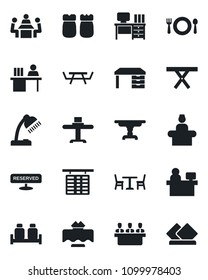 Set of vector isolated black icon - cafe vector, reception, flight table, desk, manager place, picnic, lamp, meeting, restaurant, reserved, salt and pepper, serviette
