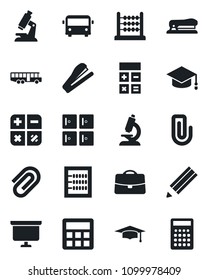 Set of vector isolated black icon - airport bus vector, checkroom, calculator, graduate, presentation board, microscope, case, paper clip, abacus, pencil, stapler