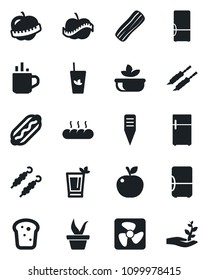 Set of vector isolated black icon - hot cup vector, seedling, plant label, diet, fridge, phyto bar, salad, bacon, bread, kebab, dog, apple fruit, fan, palm sproute