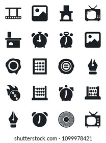 Set of vector isolated black icon - alarm clock vector, abacus, stamp, fireplace, film frame, vinyl, flame disk, gallery, ink pen, tv