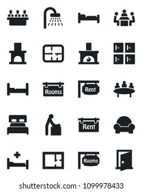 Set of vector isolated black icon - baby room vector, bed, shower, checkroom, meeting, fireplace, hospital, plan, rent, rooms, bedroom, cushioned furniture, door