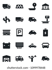 Set of vector isolated black icon - dispatcher vector, taxi, airport bus, parking, alarm car, ambulance, route, railroad, truck trailer, delivery, heavy scales, garage, gate control, battery