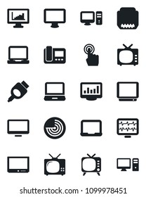 Set of vector isolated black icon - radar vector, notebook pc, monitor pulse, tv, touch screen, laptop, hdmi, statistics, intercome