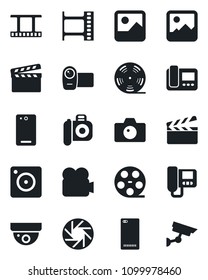 Set of vector isolated black icon - camera vector, clapboard, film frame, reel, video, phone back, mobile, gallery, intercome, surveillance
