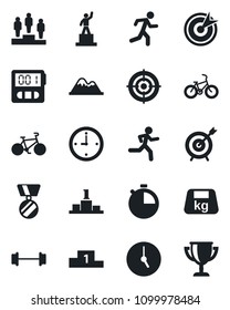 Set of vector isolated black icon - pedestal vector, medal, barbell, bike, run, heavy, clock, stopwatch, target, mountains, award cup