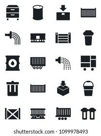 Set of vector isolated black icon - trash bin vector, bucket, watering, railroad, truck trailer, cargo container, consolidated, package, oil barrel, archive box, water filter