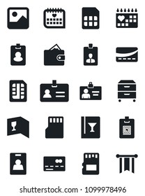 Set of vector isolated black icon - credit card vector, identity, medical calendar, gallery, sd, sim, archive box, wine, pass, wallet, pennon
