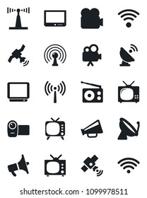 Set of vector isolated black icon - antenna vector, satellite, radio, loudspeaker, tv, video camera, wireless