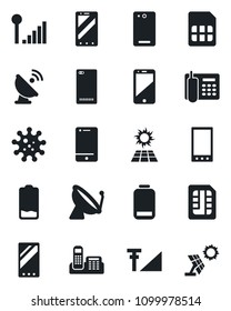 Set of vector isolated black icon - satellite antenna vector, mobile phone, virus, cell, low battery, back, sim, cellular signal, office, sun panel