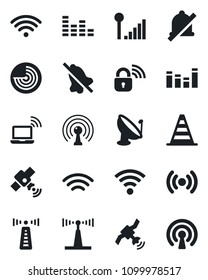 Set of vector isolated black icon - antenna vector, wireless notebook, border cone, radar, satellite, equalizer, mute, cellular signal, lock