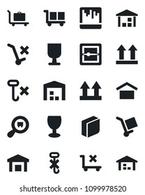 Set of vector isolated black icon - baggage trolley vector, fragile, cargo, warehouse storage, up side sign, no, hook, search, scanner, blank box