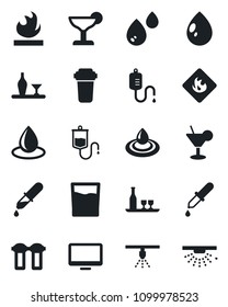 Set of vector isolated black icon - water drop vector, dropper, flammable, monitor, alcohol, drink, cocktail, filter, sprinkler