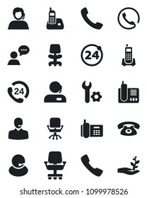 Set of vector isolated black icon - 24 around vector, office chair, phone, hours, support, speaker, radio, call, root setup, palm sproute