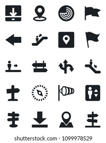 Set of vector isolated black icon - elevator vector, escalator, signpost, left arrow, wind, radar, route, pin, download, place tag, compass, flag, guidepost
