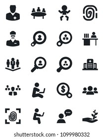 Set of vector isolated black icon - baby vector, meeting, hospital, doctor, speaker, manager desk, company, client search, fingerprint, consumer, group, money, man with notebook, palm sproute