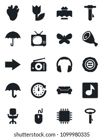 Set of vector isolated black icon - right arrow vector, mouse, tie, stamp, butterfly, real heart, umbrella, tulip, radio, headphones, music, office chair, cushioned furniture, tv, restaurant table
