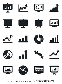 Set of vector isolated black icon - growth statistic vector, presentation board, crisis graph, circle chart, monitor pulse, statistics, bar, pie, point