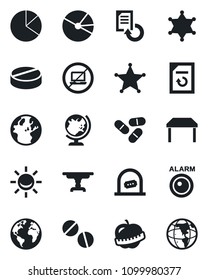 Set of vector isolated black icon - no laptop vector, ticket office, globe, document reload, pills, diet, earth, pie graph, table, police, alarm led