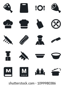 Set of vector isolated black icon - cook vector, cafe, hat, menu, bacon, salt and pepper, ham, bowl, rolling pin, cutting board, knife, steaming pan