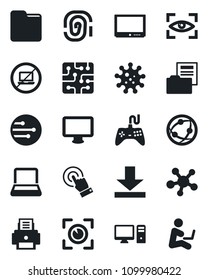 Set of vector isolated black icon - no laptop vector, virus, gamepad, tv, network, touch screen, monitor, share, folder, download, document, printer, notebook pc, chip, eye scan, fingerprint