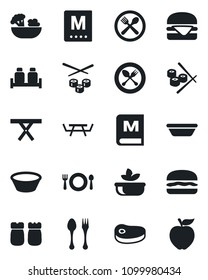 Set of vector isolated black icon - spoon and fork vector, picnic table, cafe, menu, salad, salt pepper, steak, hamburger, bowl, sushi, apple fruit