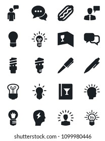 Set of vector isolated black icon - speaking man vector, pen, brainstorm, bulb, dialog, wine card, hot dog, energy saving, shining head, idea