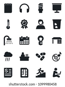 Set of vector isolated black icon - trash bin vector, shower, storm cloud, medal, desk, notepad, bulb, calendar, pills, support, receipt, headphones, sim, music, presentation board, manager