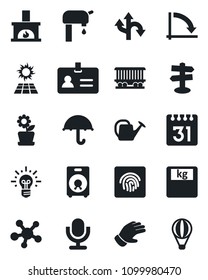 Set of vector isolated black icon - identity vector, crisis graph, watering can, glove, scales, route, signpost, railroad, umbrella, microphone, share, speaker, calendar, fingerprint id, fireplace