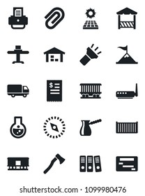 Set of vector isolated black icon - printer vector, axe, railroad, cargo container, car delivery, torch, compass, paper clip, binder, sun panel, warehouse, restaurant table, alcove, receipt, router