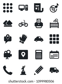 Set of vector isolated black icon - pedestal vector, printer, glove, bike, mobile tracking, car delivery, news, video camera, call, menu, place tag, music, pencil, children room, serviette, pc