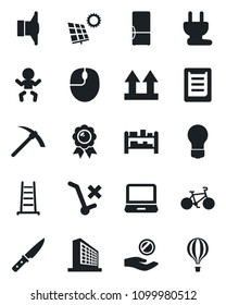 Set of vector isolated black icon - baby vector, office building, medal, mouse, bulb, ladder, bike, clipboard, up side sign, no trolley, rack, speaker, laptop pc, sun panel, fridge, knife, hard work