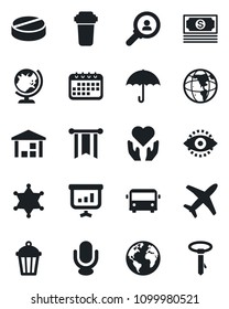 Set of vector isolated black icon - airport bus vector, globe, garden light, pills, heart hand, earth, plane, cash, umbrella, warehouse, microphone, eye id, water filter, police, consumer search