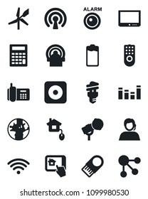 Set of vector isolated black icon - tomography vector, earth, office phone, support, microphone, equalizer, tv, battery, rec button, wireless, home control, remote, app, energy saving bulb, windmill