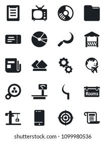 Set of vector isolated black icon - ticket vector, plane globe, circle chart, sickle, clipboard, heavy scales, news, cell phone, folder, pie graph, target, rooms, tv, crane, alcove, serviette, gear