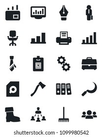Set of vector isolated black icon - rake vector, boot, sickle, axe, case, monitor statistics, bar graph, document search, identity card, ink pen, office chair, paper binder, printer, tie, hierarchy
